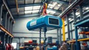 Electric chain hoist crane lifting heavy load in a professional industrial environment.