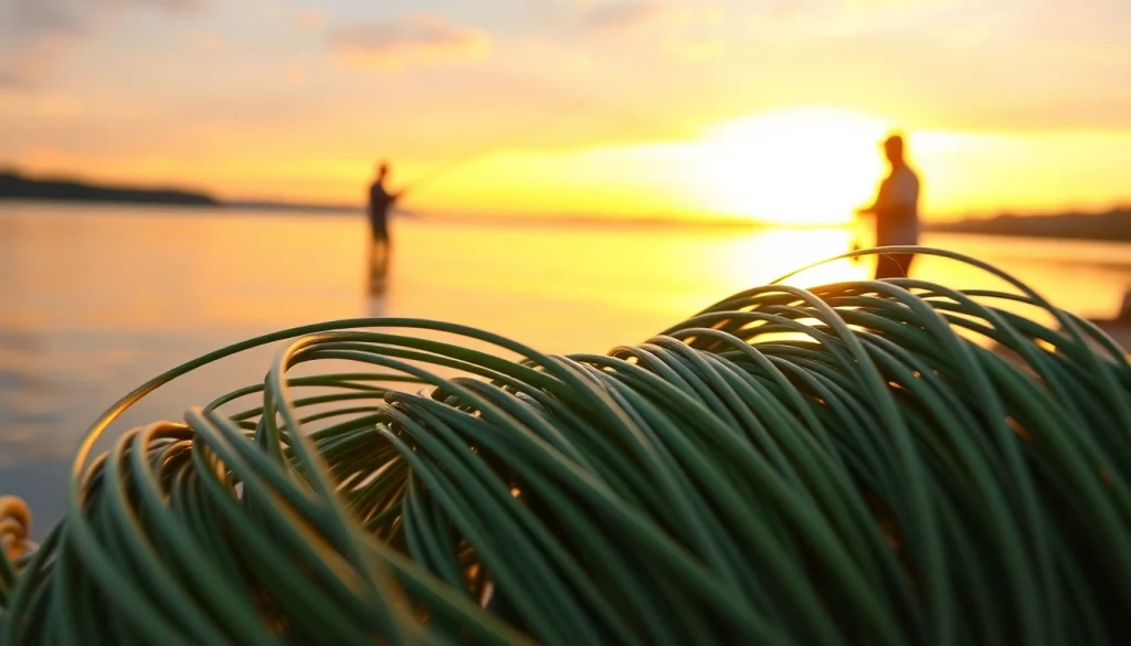 Fly fishing line coiled next to a serene lake at sunset with a fisherman silhouette.