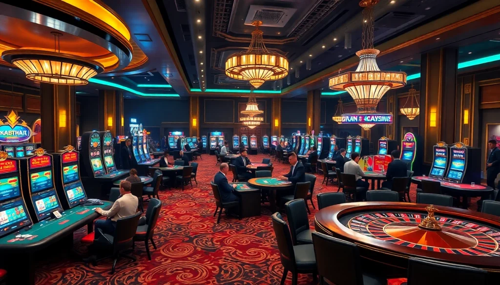 Players enjoy exciting games at BK8THAI casino with vibrant atmosphere and luxurious design.