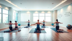 台東区のピラティスセッション、フィットネスに集中する多様な参加者を写した写真。