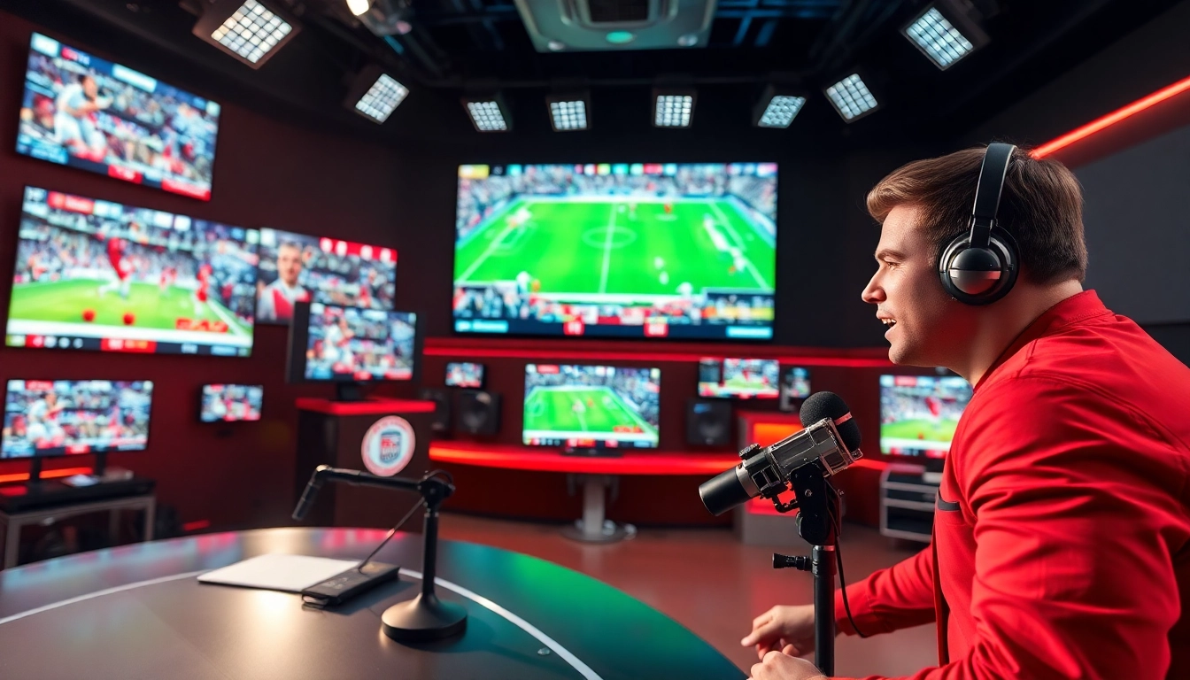 Enthusiastic sports broadcaster presenting live action in a dynamic sports broadcasting studio.