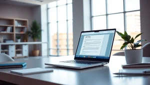 在明亮的办公室环境中，一台现代笔记本电脑显示 WPS下载，展示生产力工具。