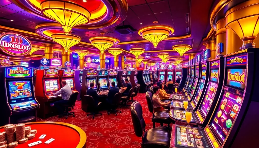 Players enjoying a thrilling experience at an Idnslot casino, surrounded by vibrant slot machines and chips.