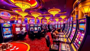 Players enjoying a thrilling experience at an Idnslot casino, surrounded by vibrant slot machines and chips.