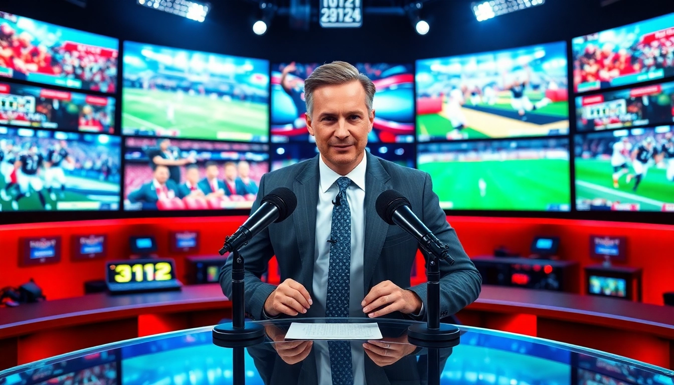 Engaging sports broadcasting scene showcasing a live sports event, highlighting energy and connection.
