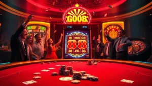 Players celebrating wins at a Good 88 slot machine, showcasing vibrant casino excitement.