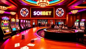 Players enjoying classic card games and slots at SOIBET's luxurious casino.