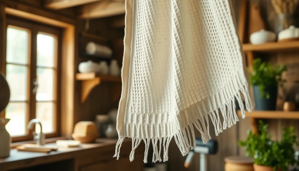 Kaasdoek hangend in een rustieke keuken met warme, uitnodigende sfeer.