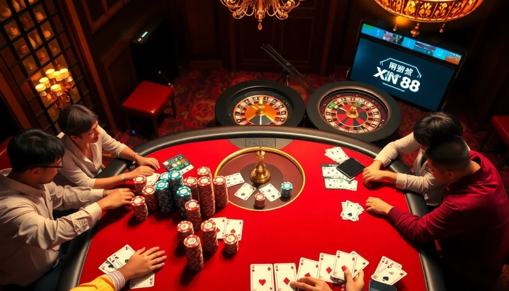 Experience the excitement of xin 88 at a luxurious casino poker table with players and chips.