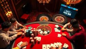 Experience the excitement of xin 88 at a luxurious casino poker table with players and chips.