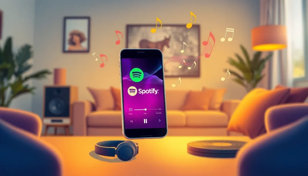 Explore spotify mod apk on a smartphone in a vibrant living room setting.