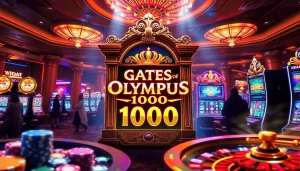 Players enjoying the Gates of Olympus 1000 slot machine in a vibrant casino setting