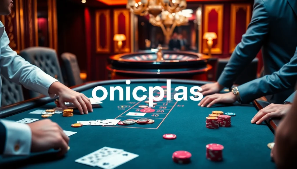 Players enjoying an exciting blackjack game at an upscale casino, featuring onicplay branding.