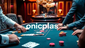 Players enjoying an exciting blackjack game at an upscale casino, featuring onicplay branding.