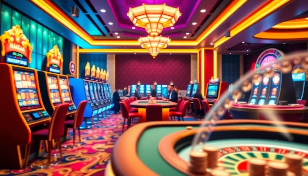 Naga169 RTP slot players enjoying a vibrant casino atmosphere with modern slot machines.