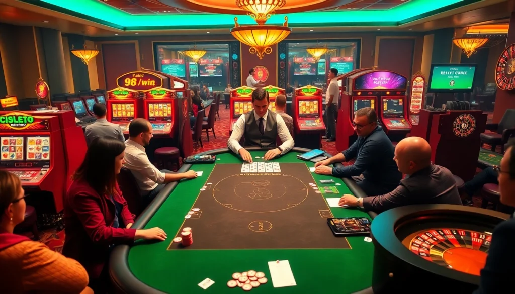 Engaged gamblers at a high-stakes poker table celebrating a 98 win in a luxurious casino setting.