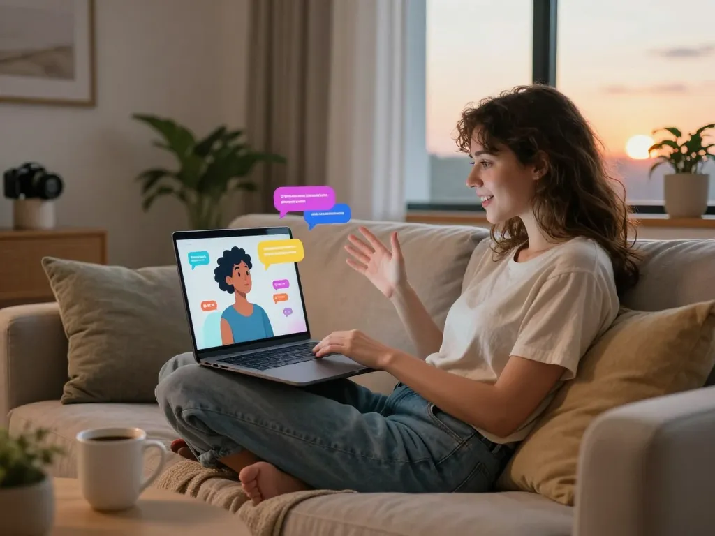 A young woman engaging in ai chat porn on a laptop in a cozy room.