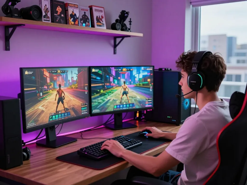 Engaged gamer playing a real porn game in an immersive gaming room with vibrant lights.