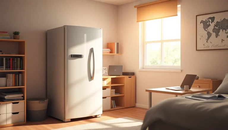 Student accessing dorm room fridge filled with snacks and beverages.