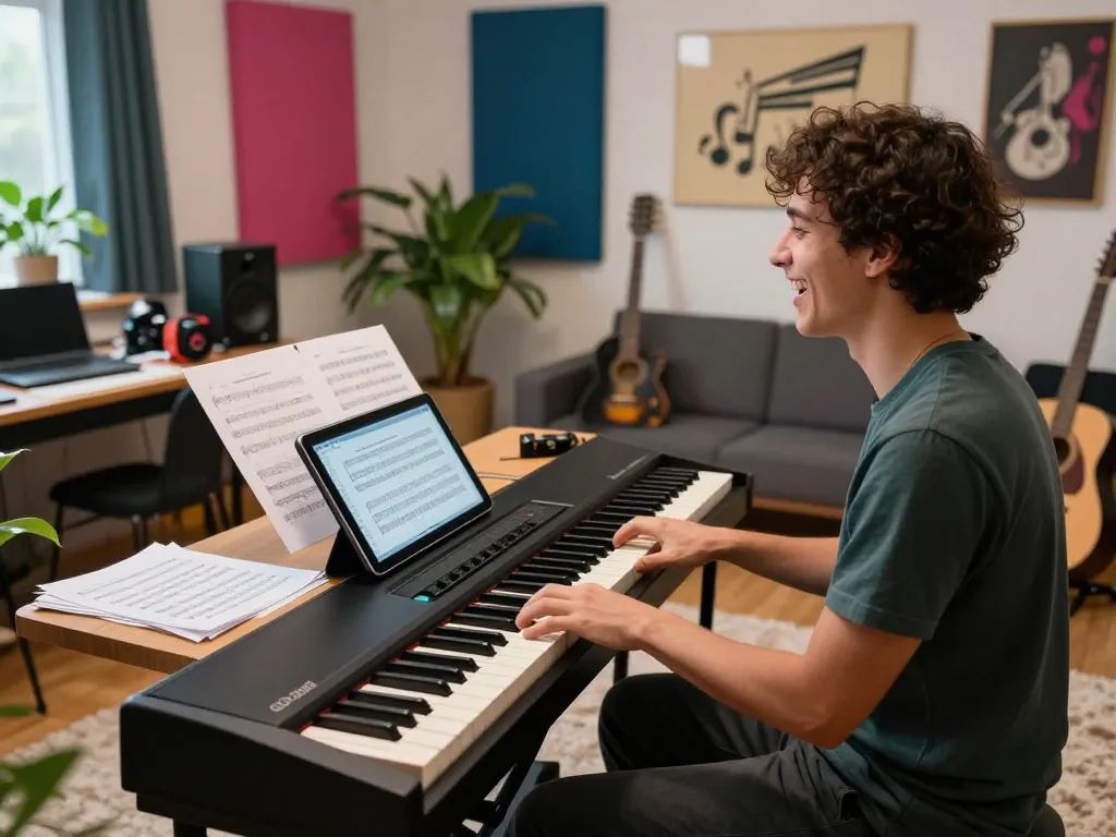 Someone joyfully playing the GO 88 piano in a vibrant music studio, surrounded by sheets and creative elements.