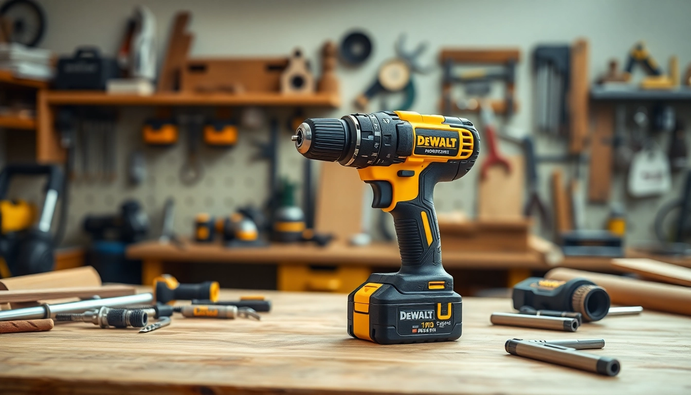 Dewalt Taladro auf einer Werkbank mit Werkzeugen präsentiert, zeigt Innovation und Professionalität