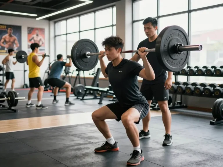 Athletic man using a shoulder brace for weightlifting during a gym workout session.