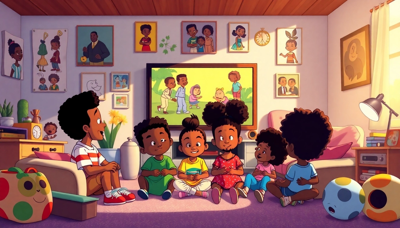 A joyful scene with iconic African American cartoons characters like Huey and Riley from The Boondocks, engaging diverse children in a colorful living room setting.