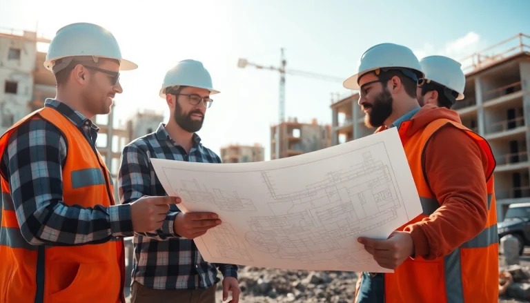 A bustling real estate construction company scene illustrating collaboration on blueprints.