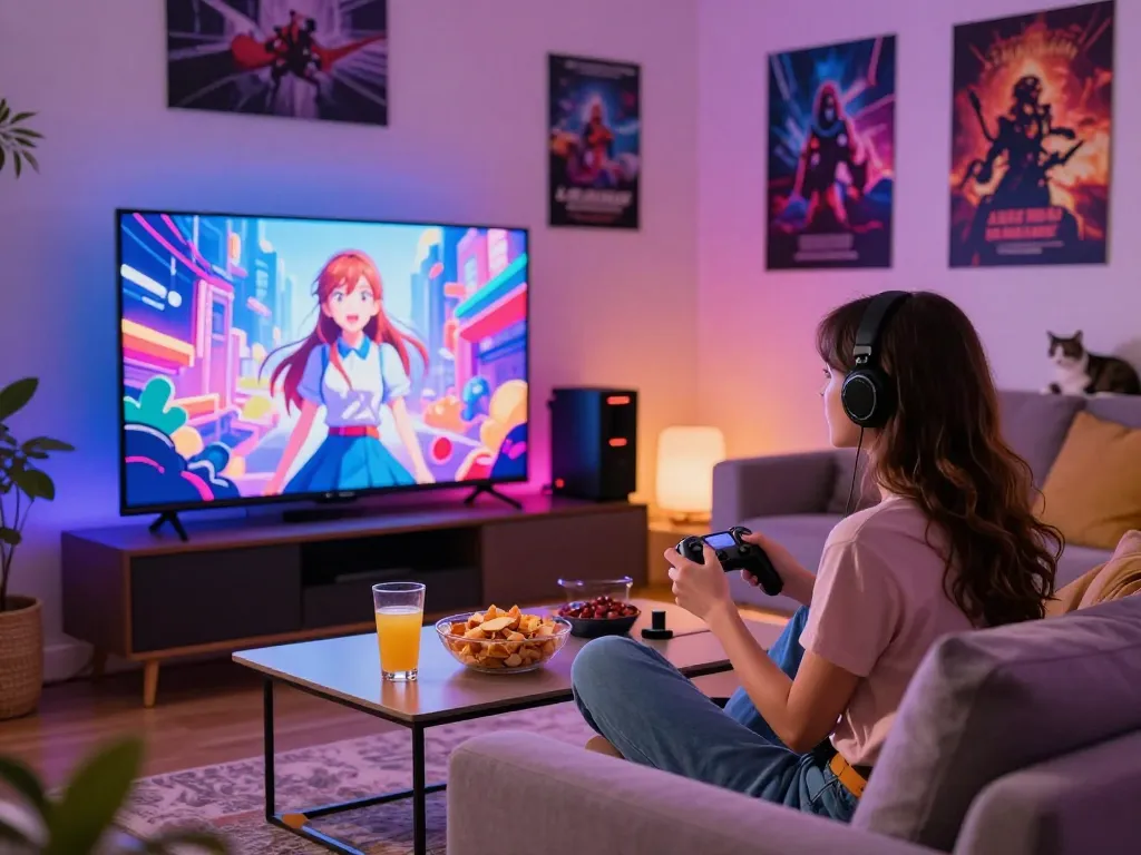 Enjoy interactive porno games in a cozy living room setting, featuring a woman gaming on a smart TV.
