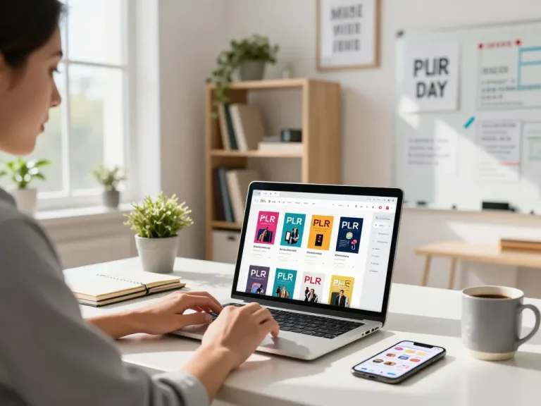 Buy PLR Digital Products in a modern e-commerce workspace showcasing an entrepreneur analyzing digital offerings.