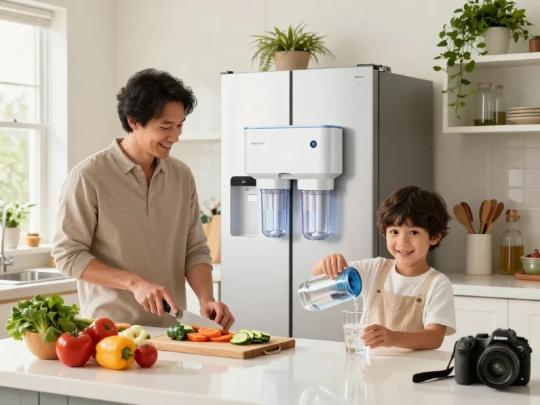 Family using the Waterdrop Plus RPWF Refrigerator Water Filter in a bright kitchen.