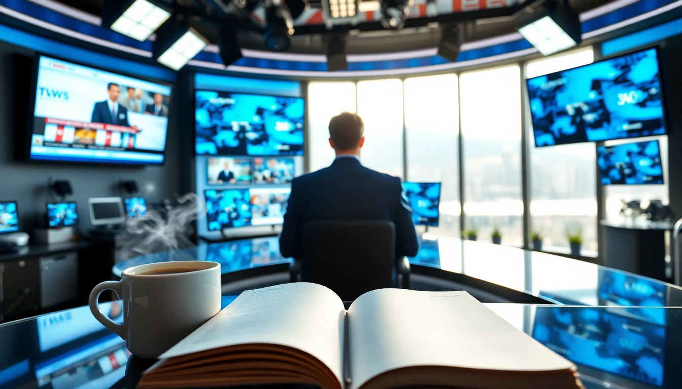 Journalist analyzing the latest news in a bright modern newsroom environment.