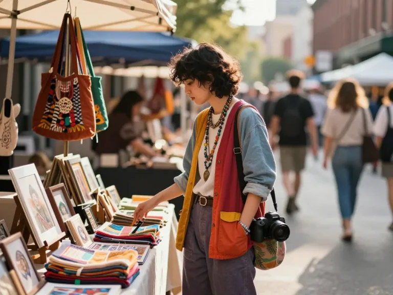 Stylish individual discovering local artisan resources at vibrant urban market.