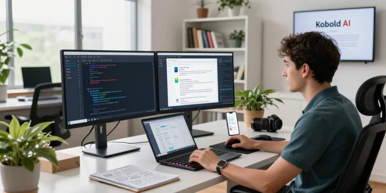 Interactive Kobold AI chatbot workspace showcasing dual monitors and tech tools.