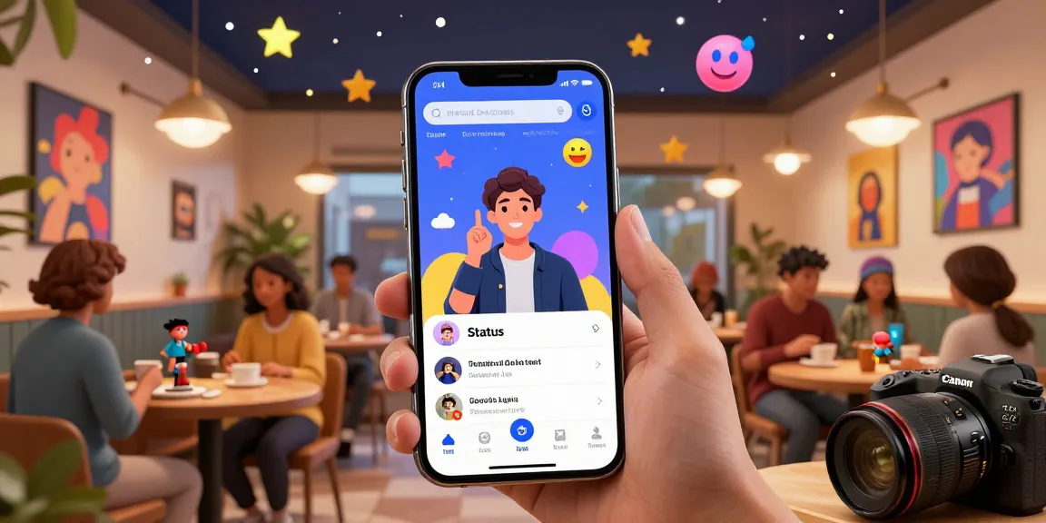 User interacting with the Status app, showcasing vibrant characters and personalized avatars in a virtual café setting.