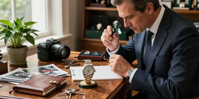 Luxury watch enthusiast examining a Rolex replica in an elegant workspace, highlighting craftsmanship and detail.