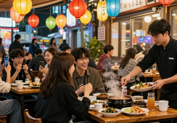 Friends enjoying traditional Korean nightlife at 상봉동 한국관나이트, vibrant atmosphere with colorful lanterns.