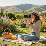 Explore Capay Valley Garden with vibrant blooms and joyful tourist taking photos at https://www.thecapayvalleygardentour.com