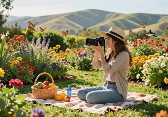 Explore Capay Valley Garden with vibrant blooms and joyful tourist taking photos at https://www.thecapayvalleygardentour.com