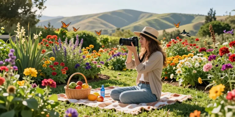 Explore Capay Valley Garden with vibrant blooms and joyful tourist taking photos at https://www.thecapayvalleygardentour.com