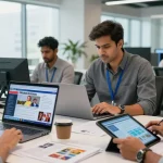 News team collaborating on articles at https://www.theindaily.com, showcasing Indian politics and culture in a modern newsroom.