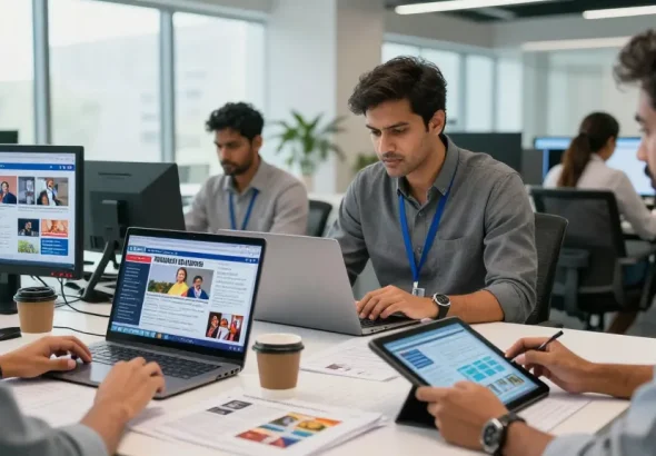 News team collaborating on articles at https://www.theindaily.com, showcasing Indian politics and culture in a modern newsroom.