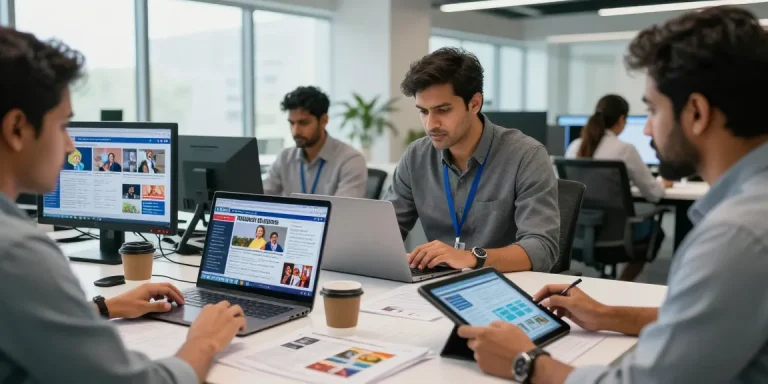 News team collaborating on articles at https://www.theindaily.com, showcasing Indian politics and culture in a modern newsroom.