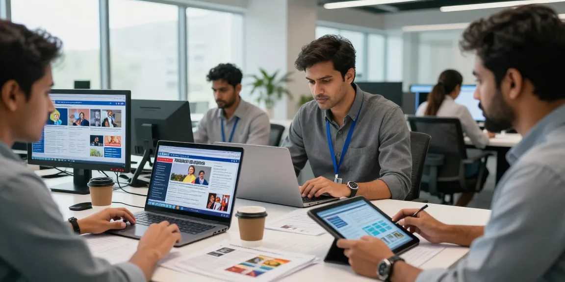 News team collaborating on articles at https://www.theindaily.com, showcasing Indian politics and culture in a modern newsroom.