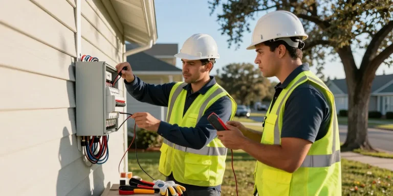 Electricians inspecting faulty wiring during an emergency; read more here for safety tips.